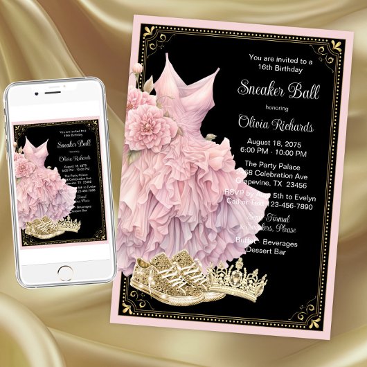 Invitation Bal Basket d'or rose Noir Anniversaire