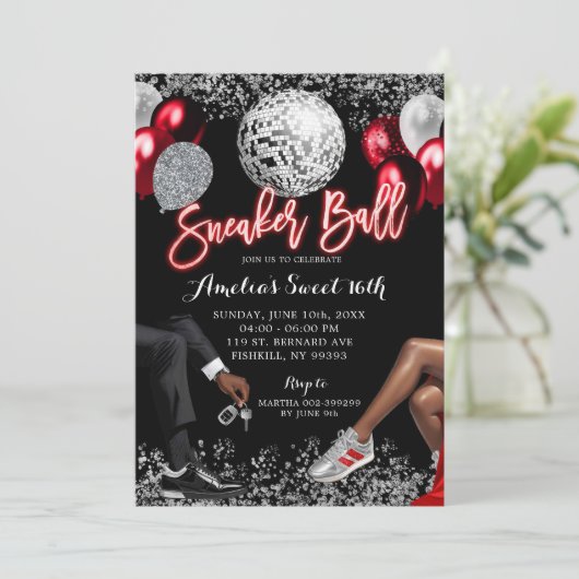 Invitation Bal Basket Red and Silver Disco (Debout devant)