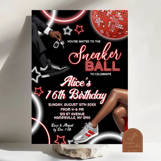 Invitation Bal Basket rouge argent et boule disco Anniversair