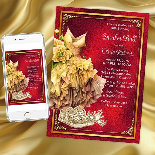 Invitation Bal de baskets en or rouge 