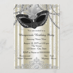 Invitation Bal de masque en ivoire et perle noire
