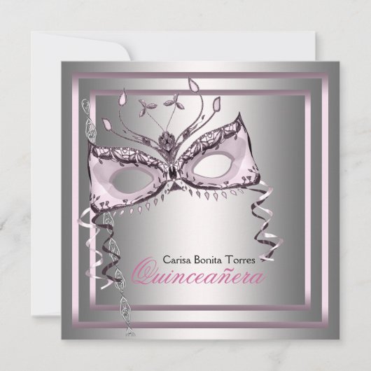 Invitation Bal de masque rose argent noir (Devant)