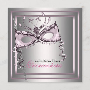 Invitation Bal de masque rose argent noir