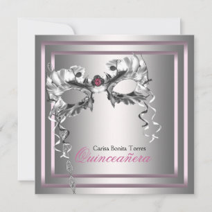 Invitation Bal de masque rose argent noir