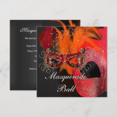 Invitation Bal de masques aux masques rouges oranges noirs (Devant / Derrière)