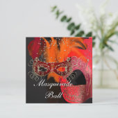 Invitation Bal de masques aux masques rouges oranges noirs (Debout devant)