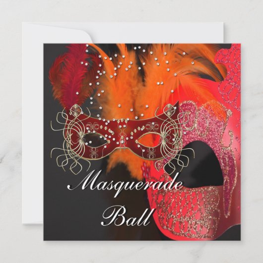 Invitation Bal de masques aux masques rouges oranges noirs (Devant)