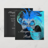 Invitation Bal de masques bleu sarcelle noir (Devant / Derrière)