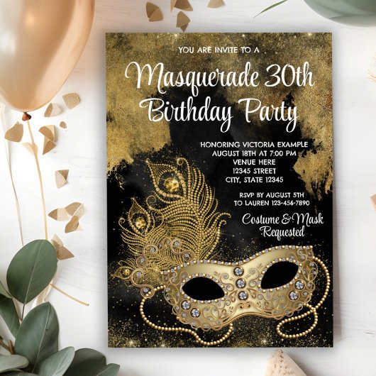 Invitation Bal de masques en or noir