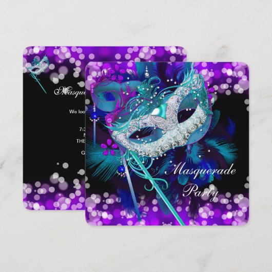 Invitation Bal de masques Teal Blue Masque Violet 2 (Devant / Derrière)