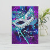 Invitation Bal de masques Teal Blue Masques violets grands (Debout devant)