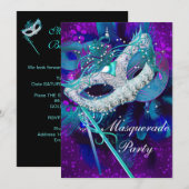 Invitation Bal de masques Teal Blue Masques violets grands (Devant / Derrière)