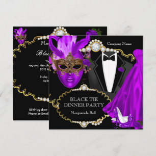 Invitation Bal de masques tenue de soirée violette et noire