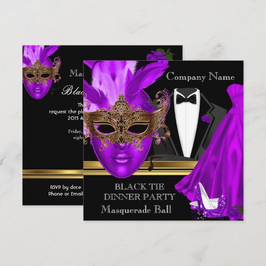 Invitation Bal de masques tenue violette noire (Devant / Derrière)