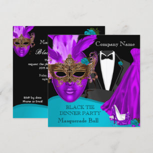 Invitation Bal de masques violet sarcelle tenue de soirée