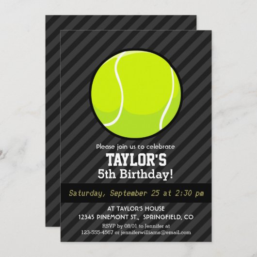 Invitation Bal de tennis sur les rayures gris foncé et noir (Devant / Derrière)