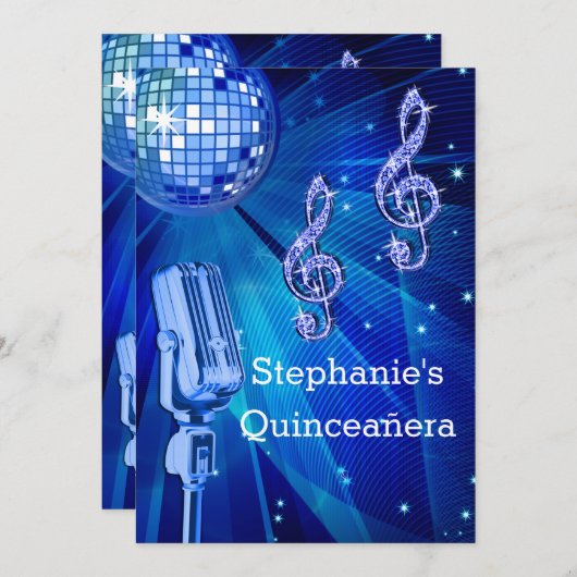 Invitation Bal Disco Bleu et Microphone Rétro Quinceañera (Devant / Derrière)