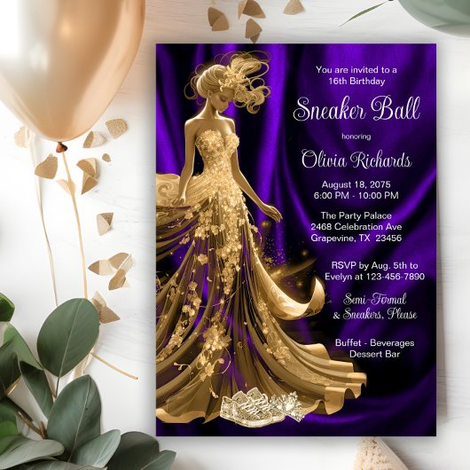 Invitation Bal élégant de baskets en or violet