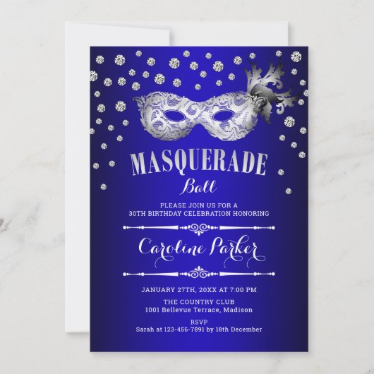 Invitation Bal Mascarade Bleu Argent Royal Bleu (Devant)