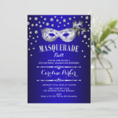 Invitation Bal Mascarade Bleu Argent Royal Bleu (Debout devant)