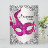 Invitation Bal masqué avec masque argent rose chaud (Debout devant)