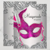 Invitation Bal masqué avec masque argent rose chaud (Devant / Derrière)