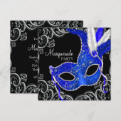 Invitation Bal masqué bleu roi et noir (Devant / Derrière)