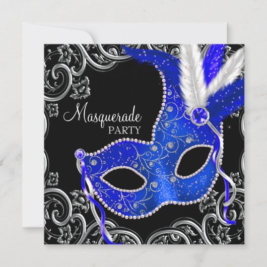 Invitation Bal masqué bleu roi et noir (Devant)