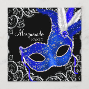 Invitation Bal masqué bleu roi et noir
