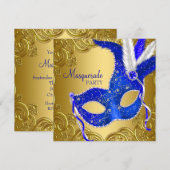 Invitation Bal masqué bleu royal et or (Devant / Derrière)