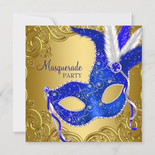 Invitation Bal masqué bleu royal et or (Devant)