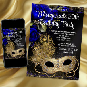 Invitation Bal Masqué Bleu Royal et Or