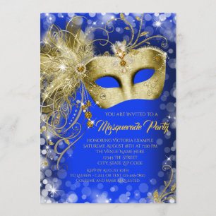 Invitation Bal Masqué Bleu Royal et Paillettes Dorées