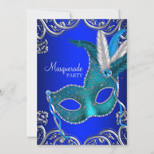 Invitation Bal masqué bleu sarcelle et royal (Devant)