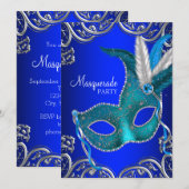 Invitation Bal masqué bleu sarcelle et royal (Devant / Derrière)