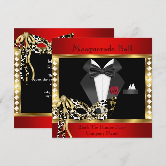 Invitation Bal Masqué Cravate Noire Rouge Or Smoking (Devant / Derrière)