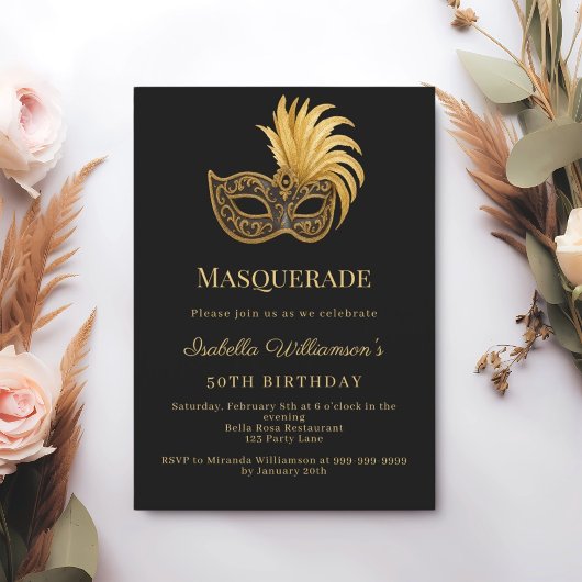 Invitation Bal masqué d'anniversaire or noir