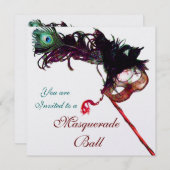 Invitation BAL MASQUÉ DU MARDI GRAS Masques à plumes rouges e (Devant / Derrière)