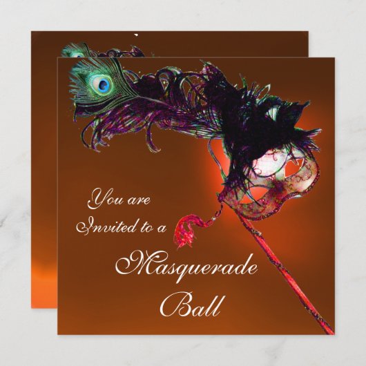 Invitation BAL MASQUÉ DU MARDI GRAS rouge orange (Devant / Derrière)