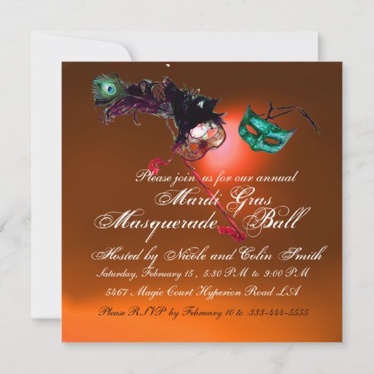 Invitation BAL MASQUÉ DU MARDI GRAS rouge orange (Dos)