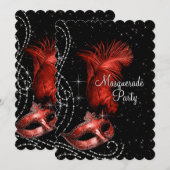 Invitation Bal masqué élégant noir et rouge (Devant / Derrière)