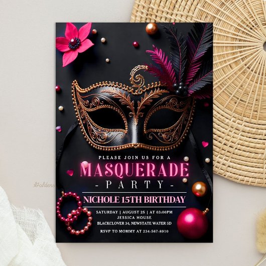Invitation Bal masqué Élégant Noir Rose Fête
