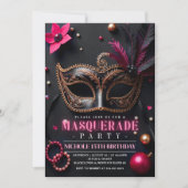 Invitation Bal masqué Élégant Noir Rose Fête (Devant)