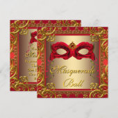 Invitation Bal masqué élégant or et rouge (Devant / Derrière)
