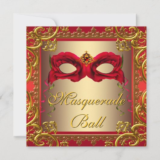 Invitation Bal masqué élégant or et rouge (Devant)
