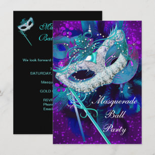 Invitation Bal masqué Fête Masques Bleu sarcelle Violet LGE