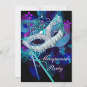 Invitation Bal Masqué Fête Masques Sml Bleu Sarcelle Noir (Devant)