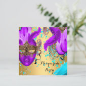 Invitation Bal masqué Fête Masques Violet Bleu Turquoise Or (Debout devant)