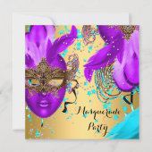 Invitation Bal masqué Fête Masques Violet Bleu Turquoise Or (Devant)