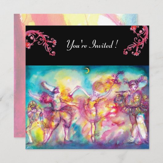 Invitation BAL MASQUÉ ,fleurs rouges (Devant / Derrière)